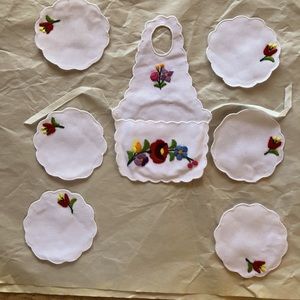 Hungarian vintage collectible RARE hand embroidered coaster set and bottle apron